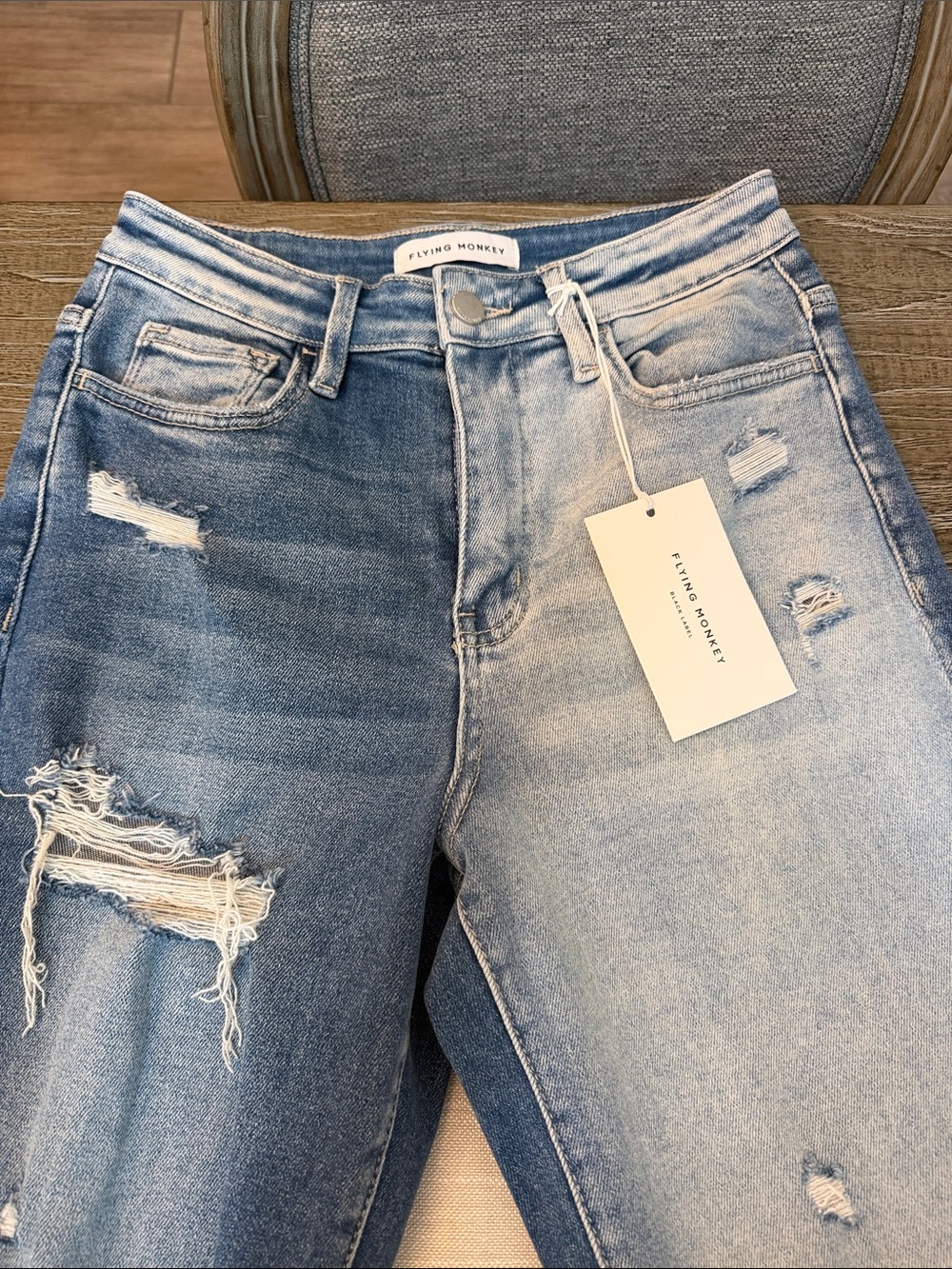 Flying Monkey Two-Tone Light Blue High Rise Distressed Jeans